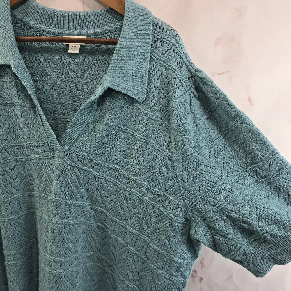 Sundance Sweater XXL 2XL Turquoise Polo V Neck Roslyn Pointelle